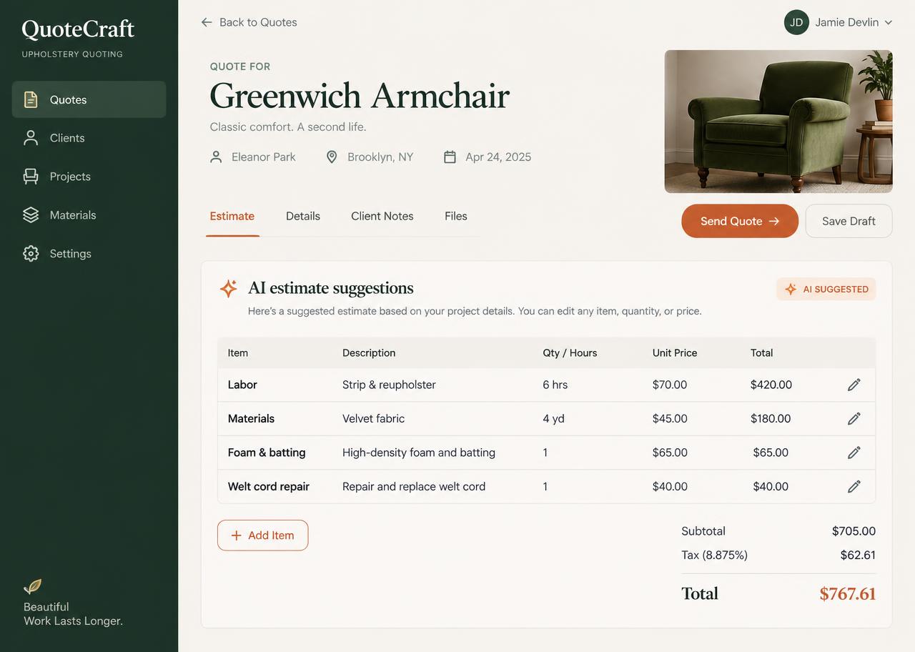 AI-generated estimate with editable labor and material line items