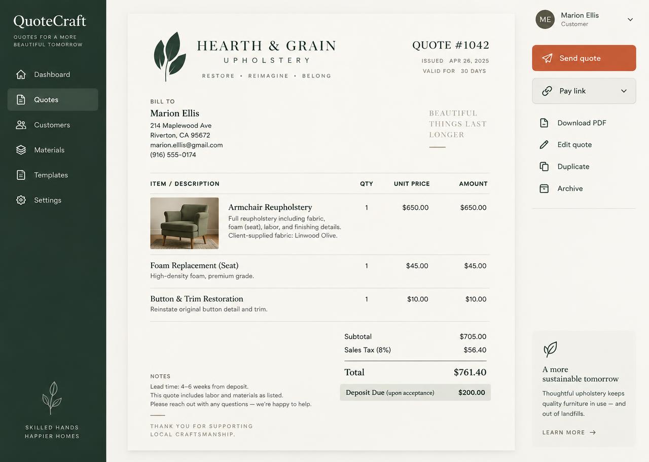 Branded quote with totals, deposit and pay link for a customer