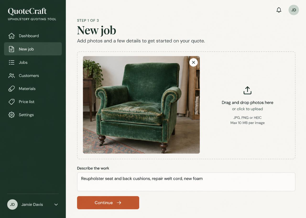 Uploading a job photo of a worn green armchair in QuoteCraft